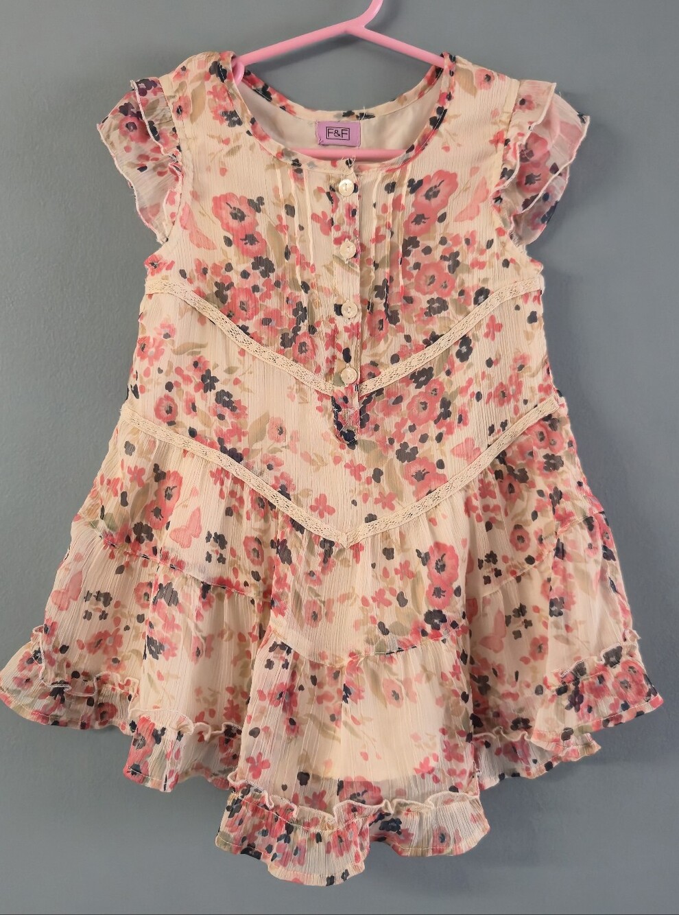 Cream & Pink Floral Button-Front Blouse Dress Girls 6-7
